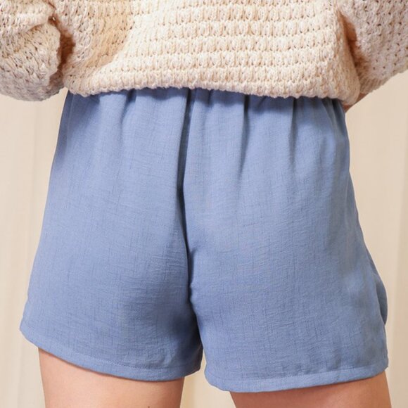 LUMIERE Dusty Blue Pleated Pocket Shorts, Elastic Waist High-Rise Relaxed Fit - Picture 2 of 4